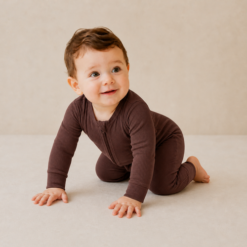 Long Sleeve Ribbed Zip Romper - Cocoa, product view 2