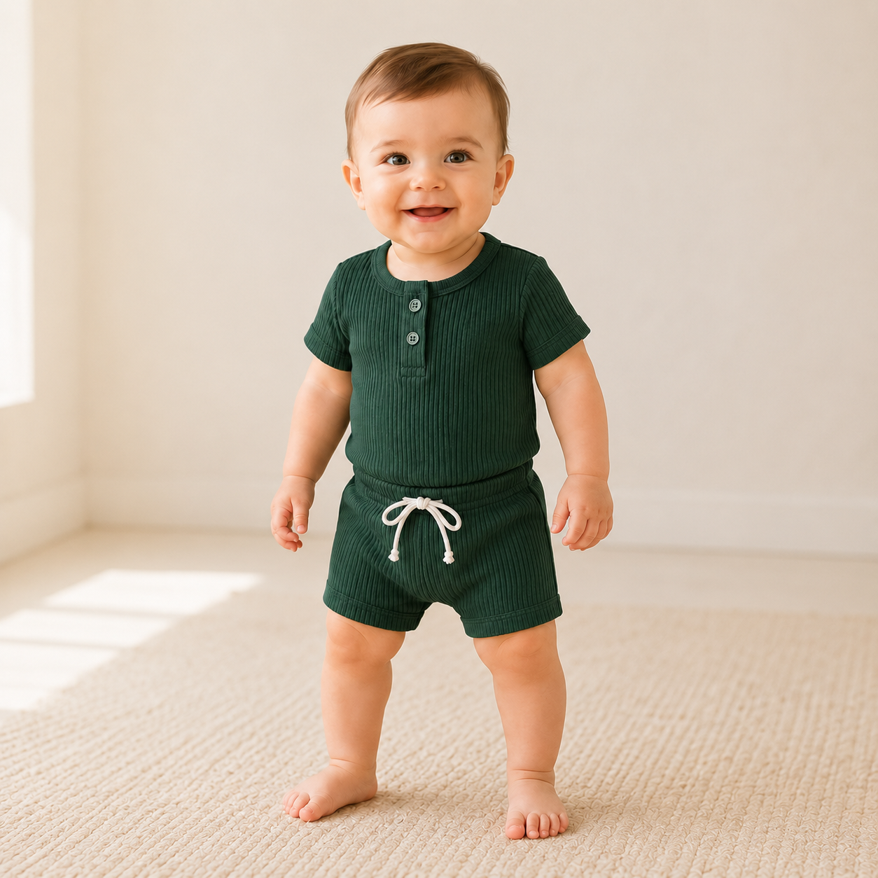 Everyday Ribbed Baby Bodysuit & Shorts Set - Green
