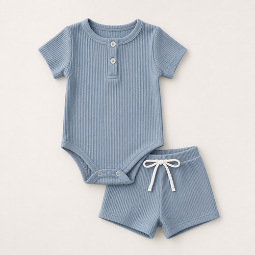 Everyday Ribbed Baby Bodysuit & Shorts Set - Blue, product view 2
