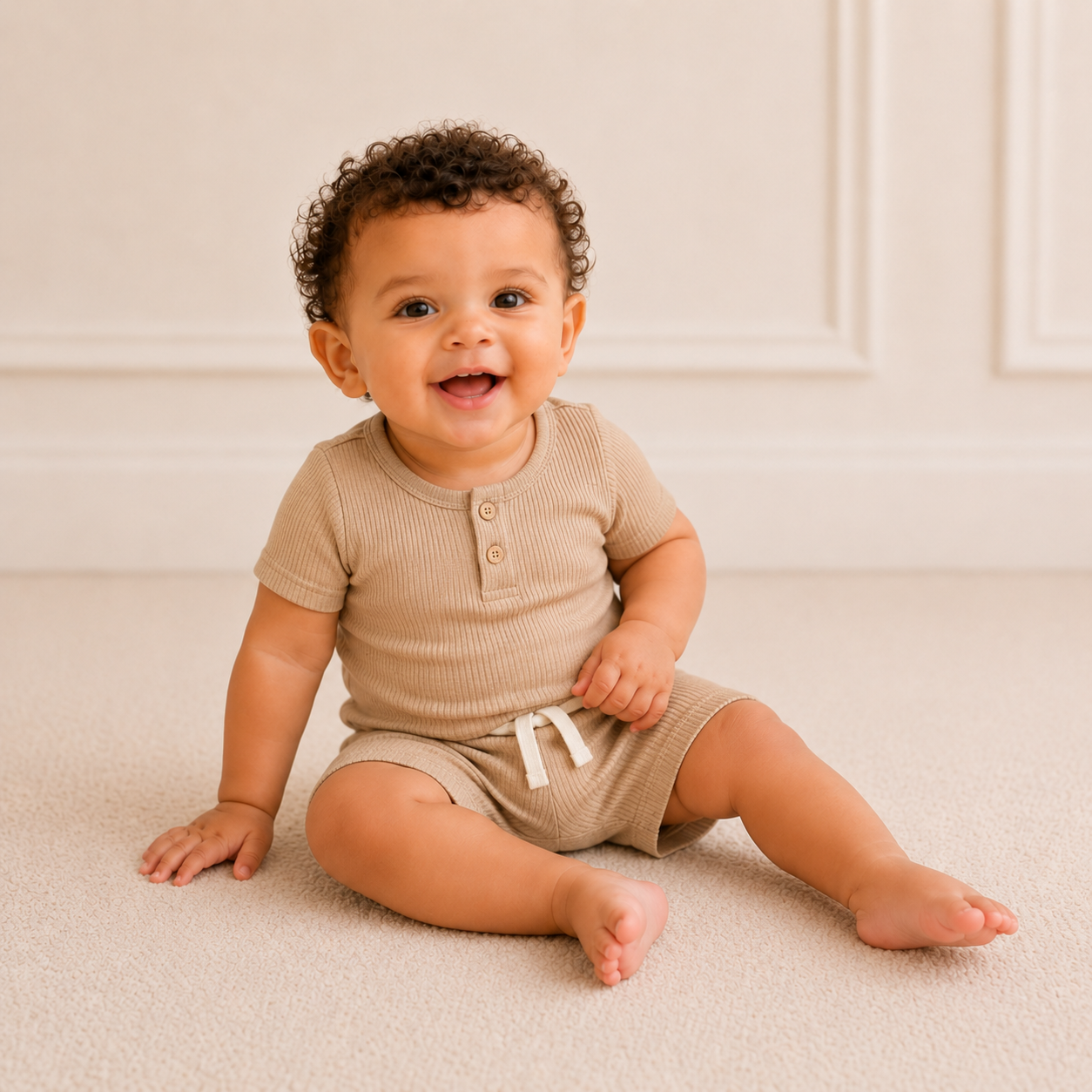 Everyday Ribbed Baby Bodysuit & Shorts Set - Khaki