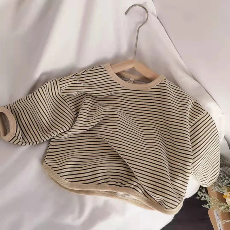 Beige and dark striped long-sleeve cotton pullover