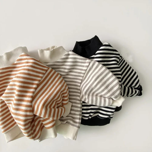Striped velvet hoodie sweatshirt for babies and toddlers in light gray