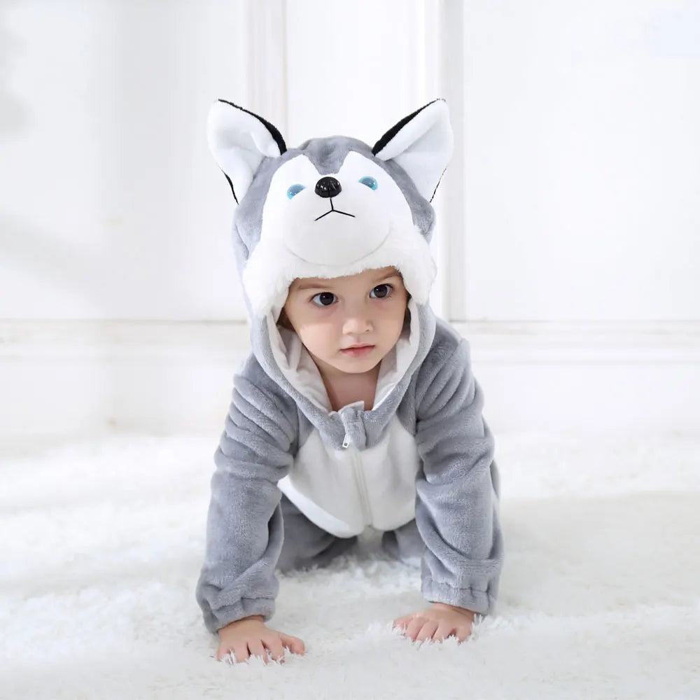 Toddler crawling in husky dog costume romper