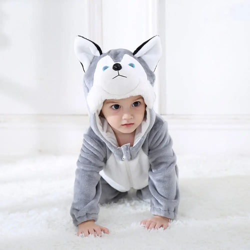 Toddler crawling in husky dog costume romper
