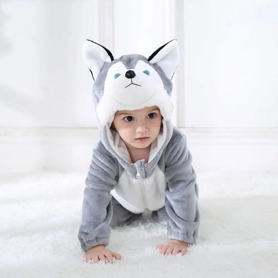 Toddler crawling in husky dog costume romper