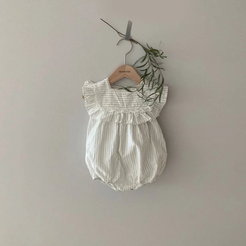 Stylish square collar vintage romper dress with striped pattern for girls