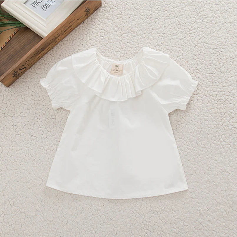 Baby Girl's Blouse Summer Cotton Breathable Shirt Tops Clothing for Girls Versatile Ruffle Collar Short Sleeved T-shirt
