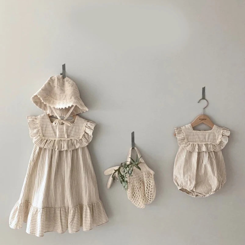Vintage stripe romper and dress set for girls with ruffles and lace details