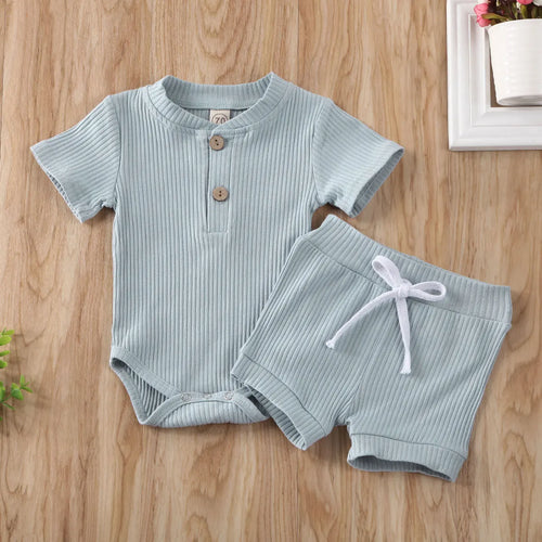 Blue ribbed baby bodysuit and shorts set