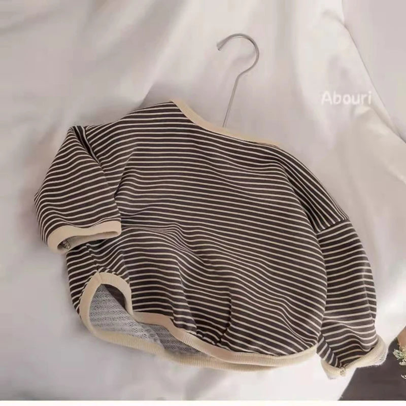 Coffee brown and cream striped long-sleeve cotton pullover