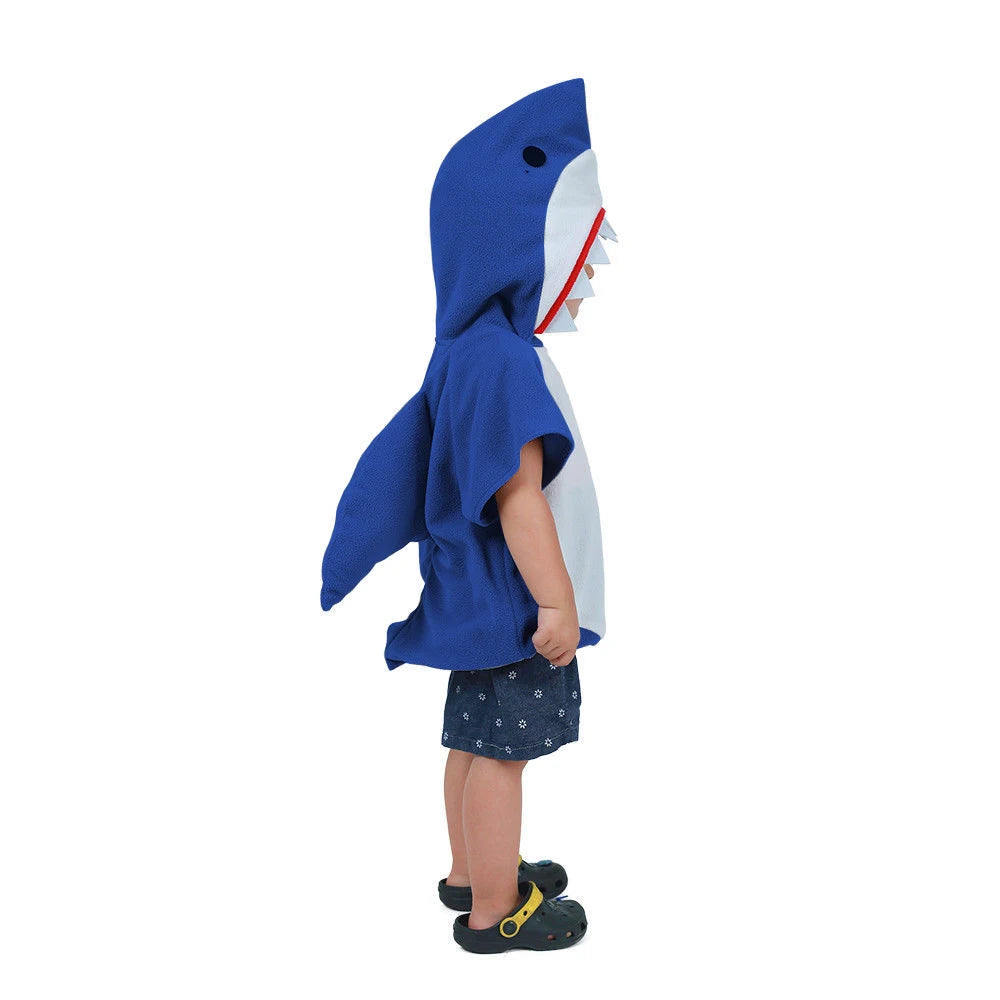 Kids blue shark hooded tunic costume with fins and dimensional teeth