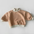 Striped velvet hoodie sweatshirt for babies and toddlers side view
