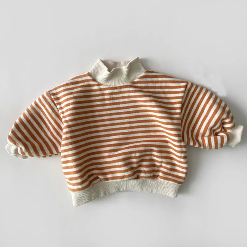 Striped velvet hoodie sweatshirt for babies and toddlers side view