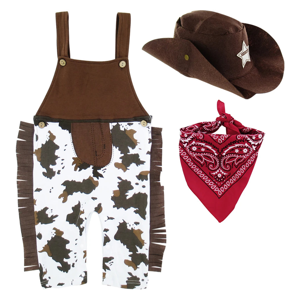 Cowboy overall romper with cow print and fringe sides