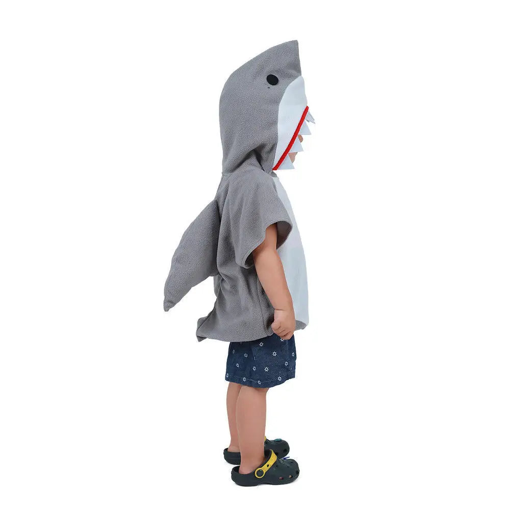 Kids gray shark hooded tunic costume with fins and dimensional teeth