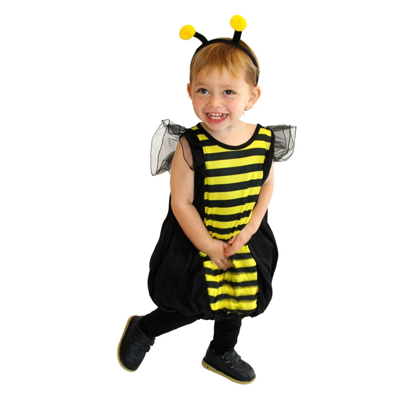Toddler playing in bumblebee costume with antenna headband