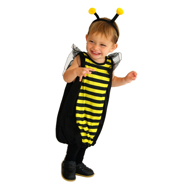 Toddler in bumblebee costume with antenna headband