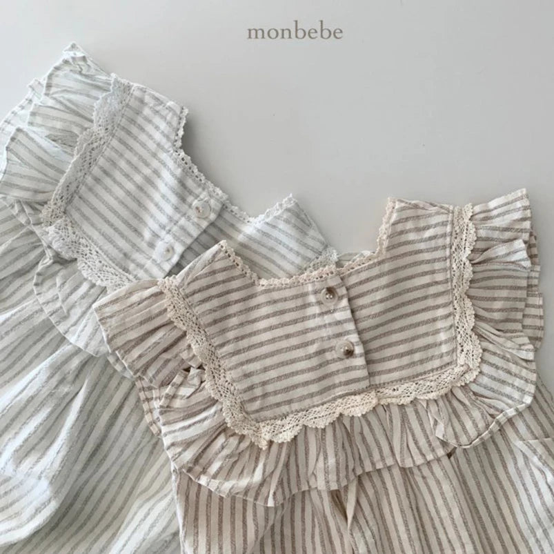 Khaki and green vintage stripe romper and dress set for toddler girls