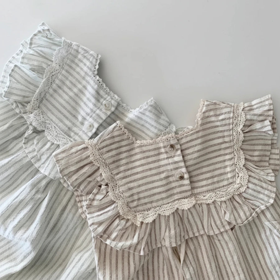 Khaki and green vintage stripe romper and dress set for toddler girls