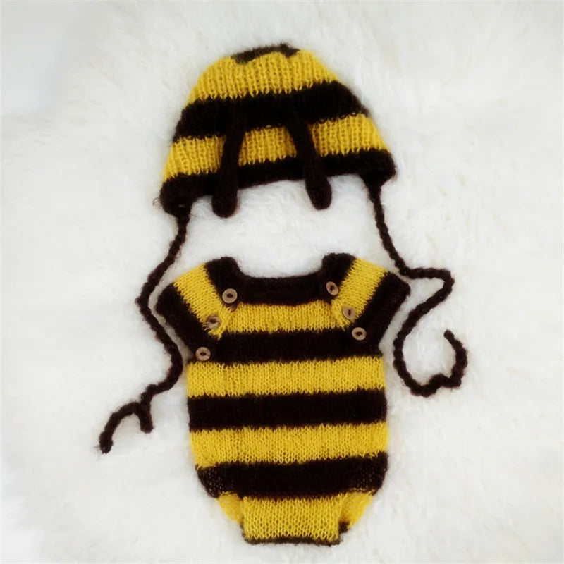 Handmade mohair bee costume set for newborn including striped romper and matching hat