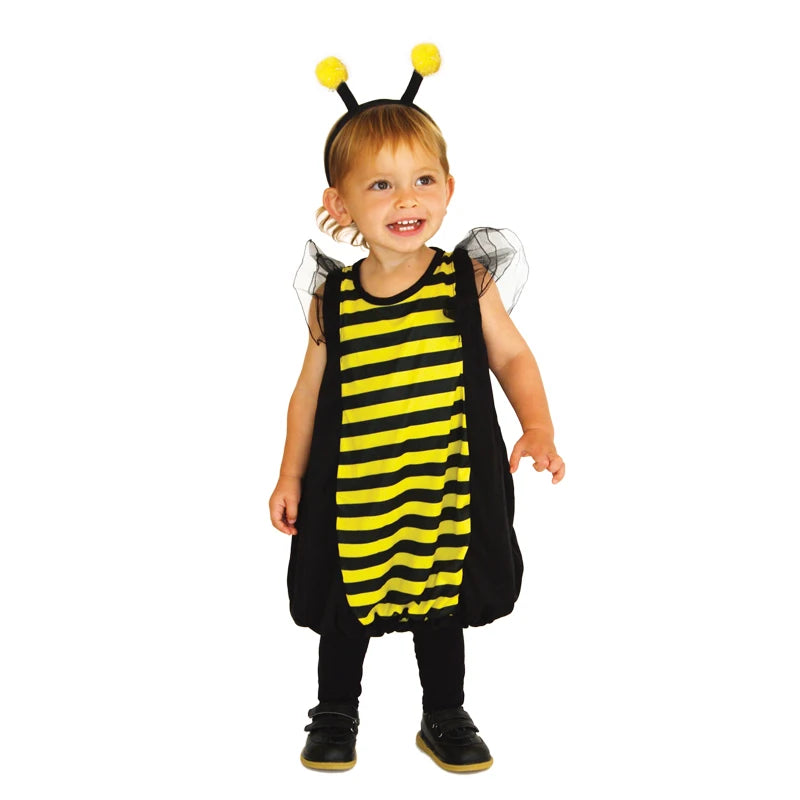 Toddler wearing bumblebee bubble jumpsuit costume with antenna headband