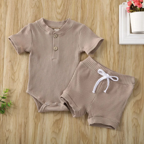 Khaki ribbed baby bodysuit and shorts set