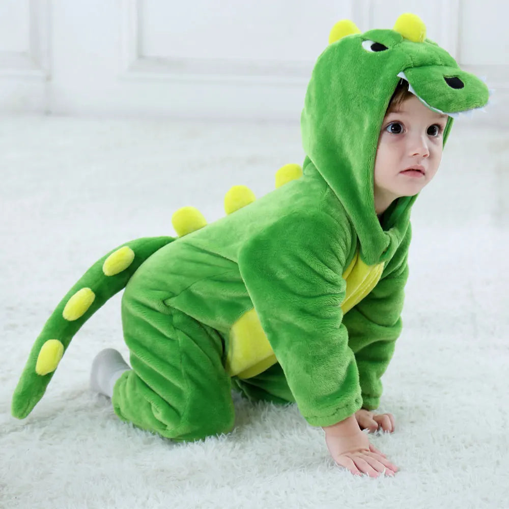 Green dinosaur plush jumpsuit costume crawling pose