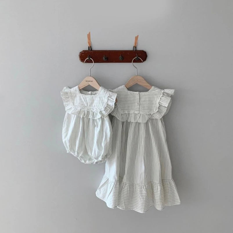 Summer romper dress with striped pattern and lace for toddler girls