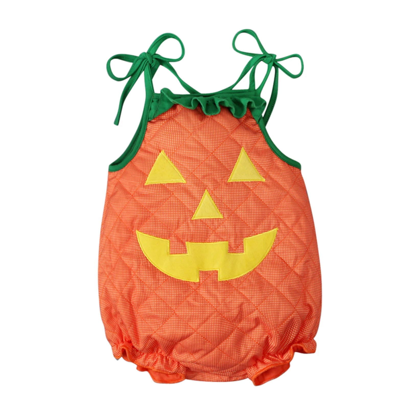 Orange baby romper costume with yellow pumpkin face applique and green tie-up shoulder straps