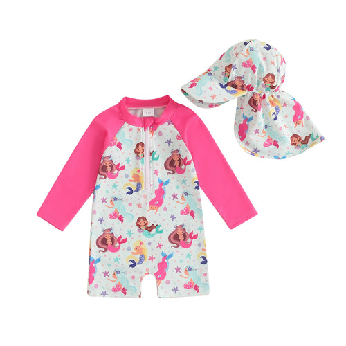 Floral Zip-Up Swimwear Set with Hat for Toddlers