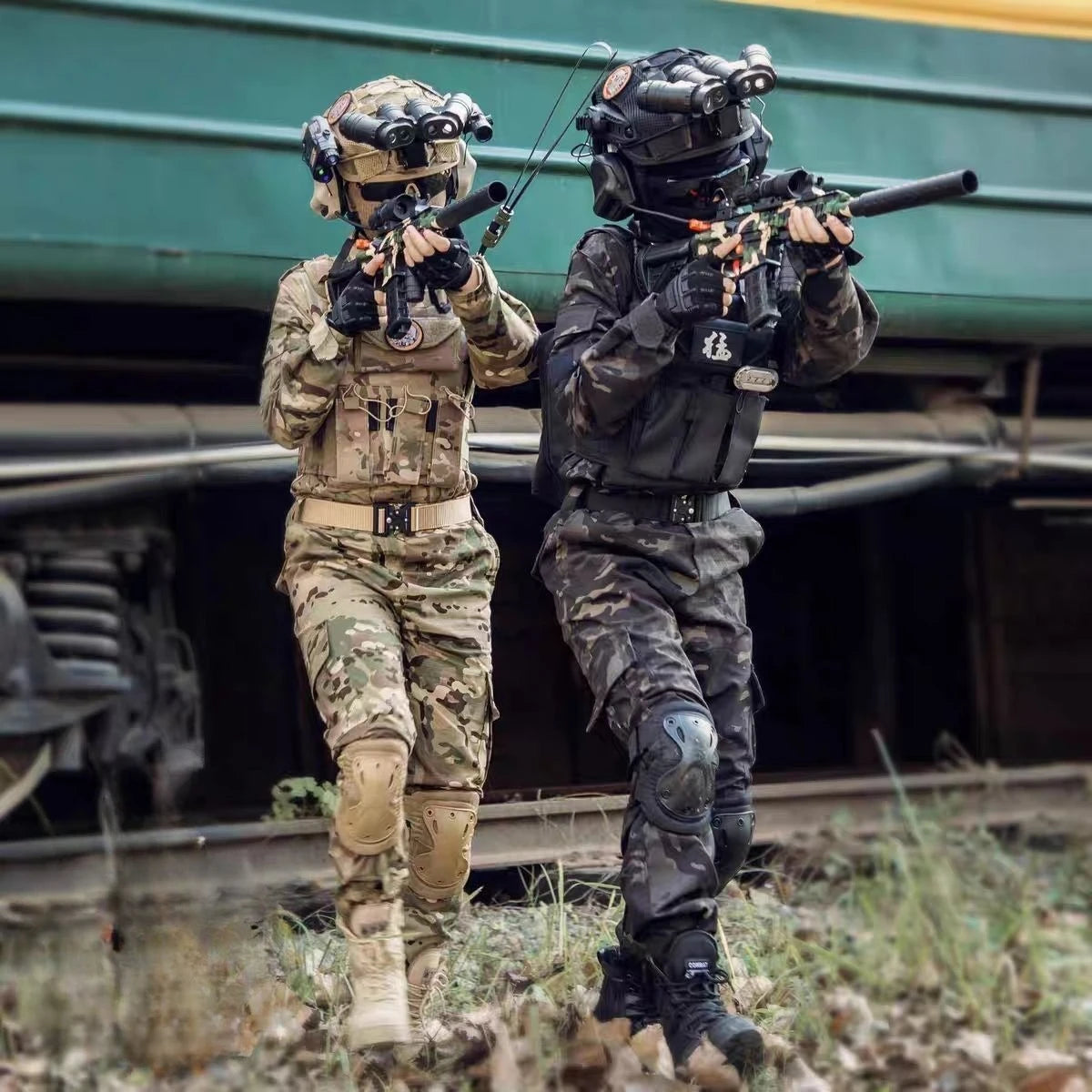Two children wearing tactical camouflage military costume sets in different camouflage patterns