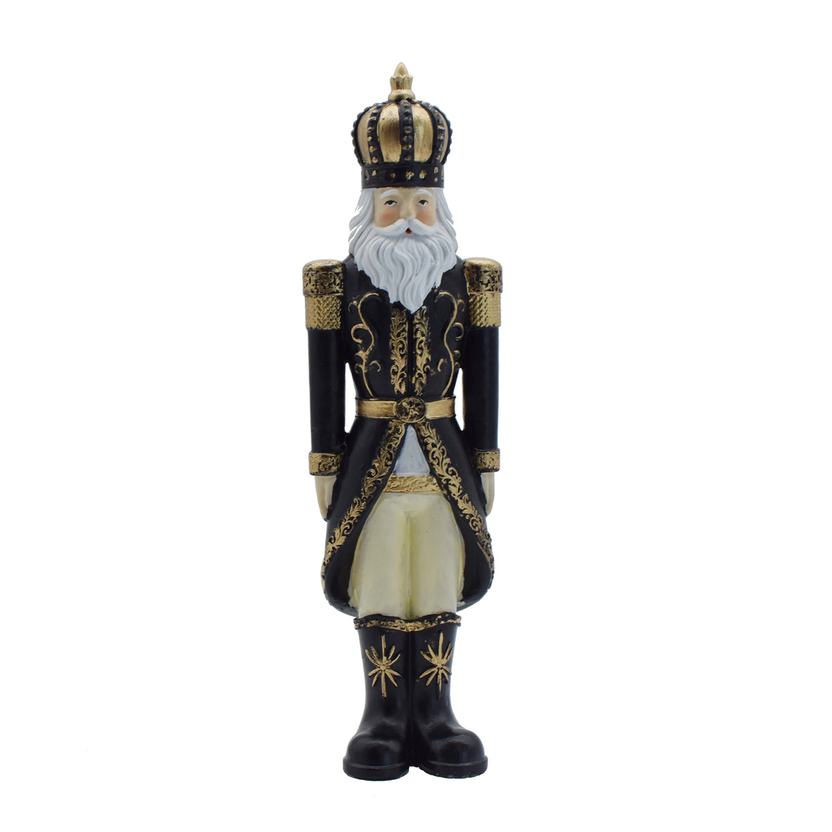 Black crowned Christmas nutcracker figurine with gold-colored uniform details