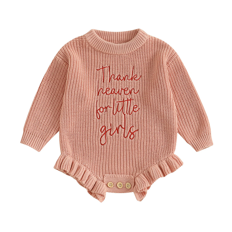 Lovely Baby Sweater Romper with Letter Embroidery and Ruffles