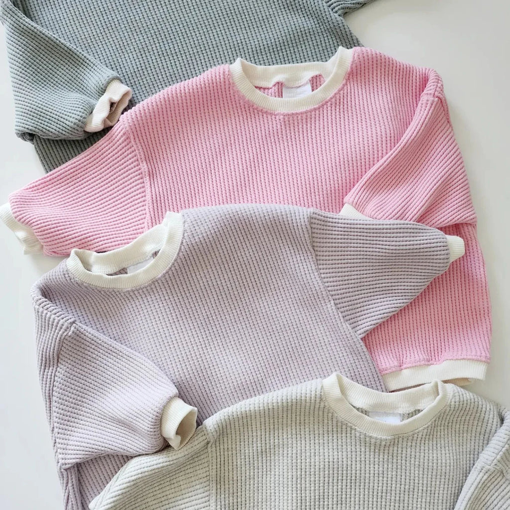 Waffle Cotton Long Sleeve Baby Romper Sweatshirt in Gray