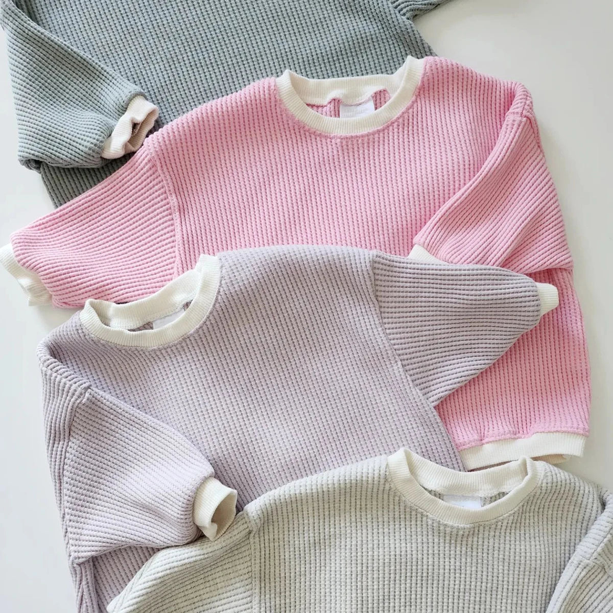 Waffle Cotton Long Sleeve Baby Romper Sweatshirt in Gray