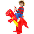 Child wearing inflatable red dinosaur costume