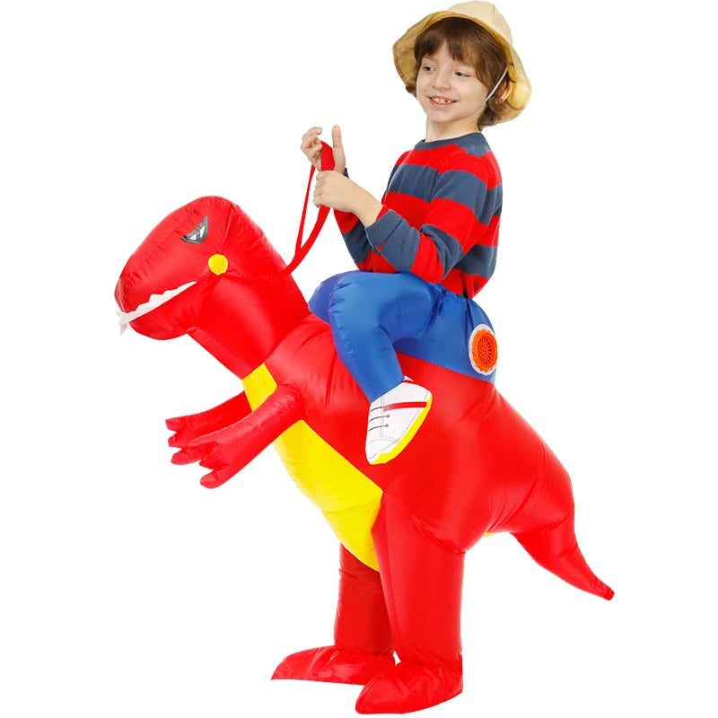 Child wearing inflatable red dinosaur costume