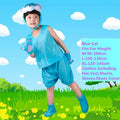 Child wearing blue cat animal costume set with hat, vest, shorts, gloves, and shoe covers