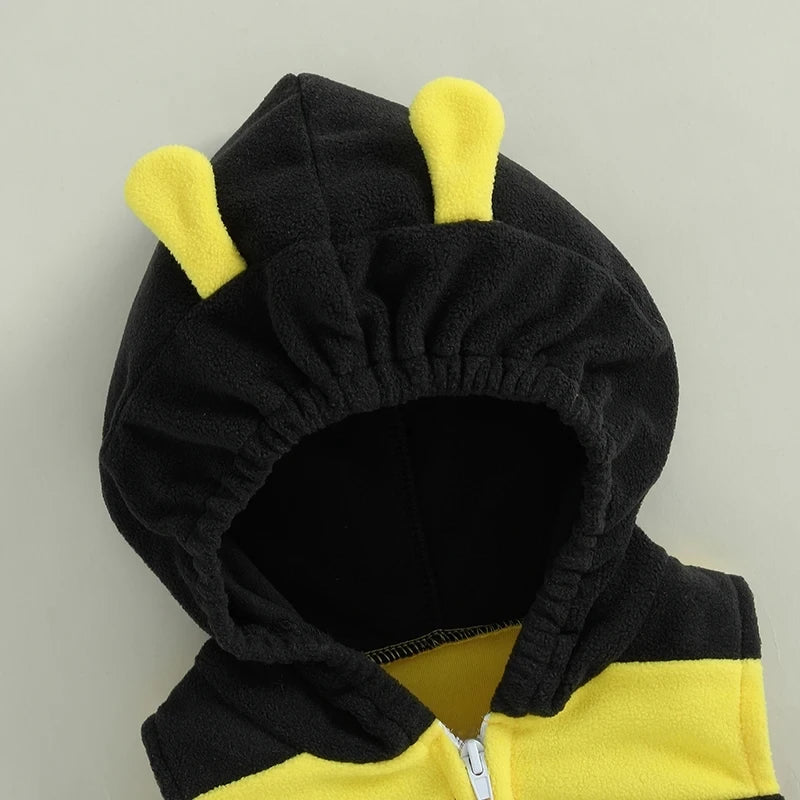 Close-up of hood with yellow antennae on bumble bee romper costume
