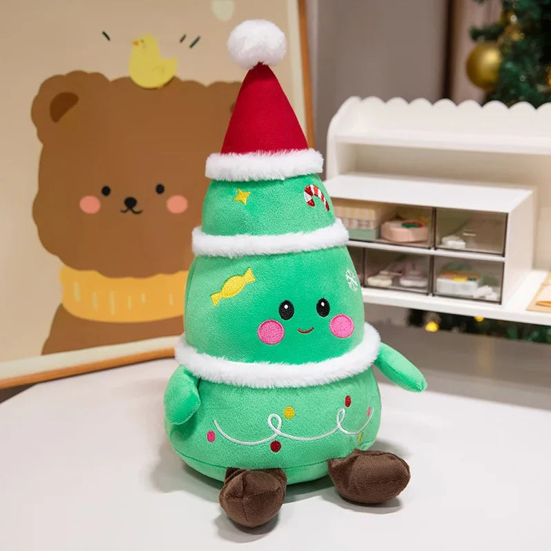 Christmas Tree plush figure with a green tree shape, a red hat, and colorful stitched ornaments