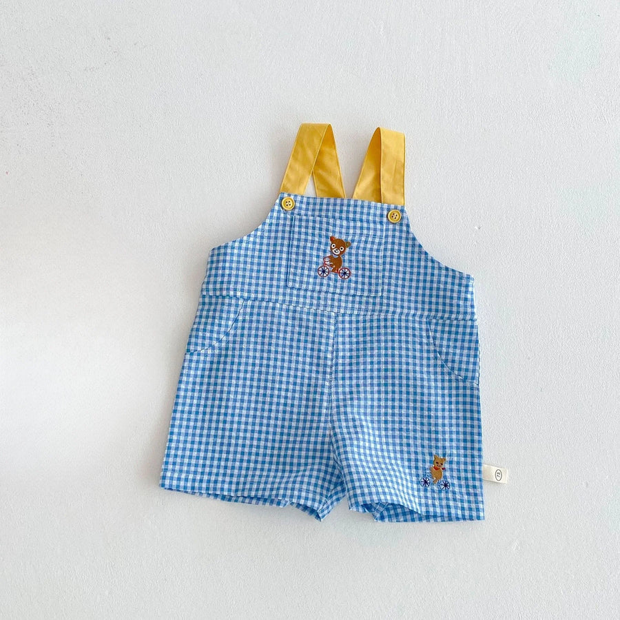 Blue checkered short overalls with bear bicycle embroidery