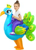 Child wearing inflatable peacock costume with blue body, green and yellow tail feathers, and orange legs