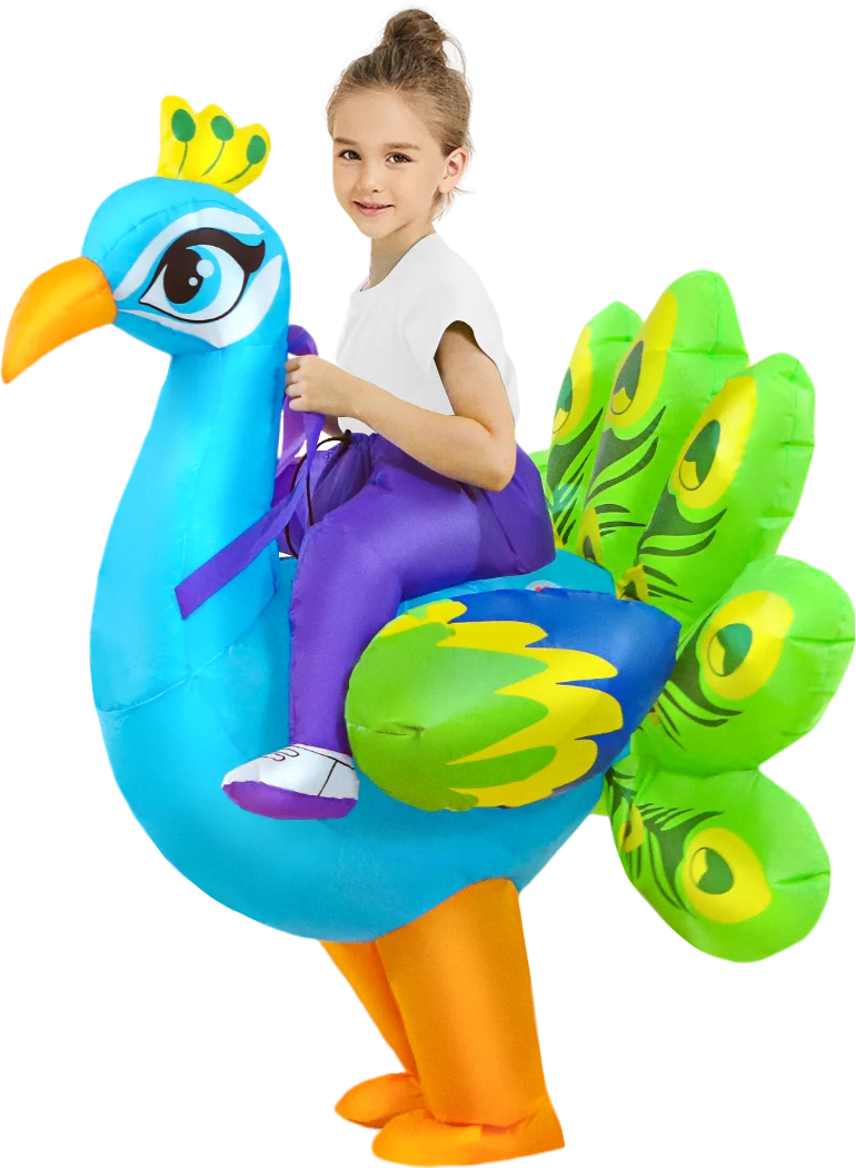 Child wearing inflatable peacock costume with blue body, green and yellow tail feathers, and orange legs