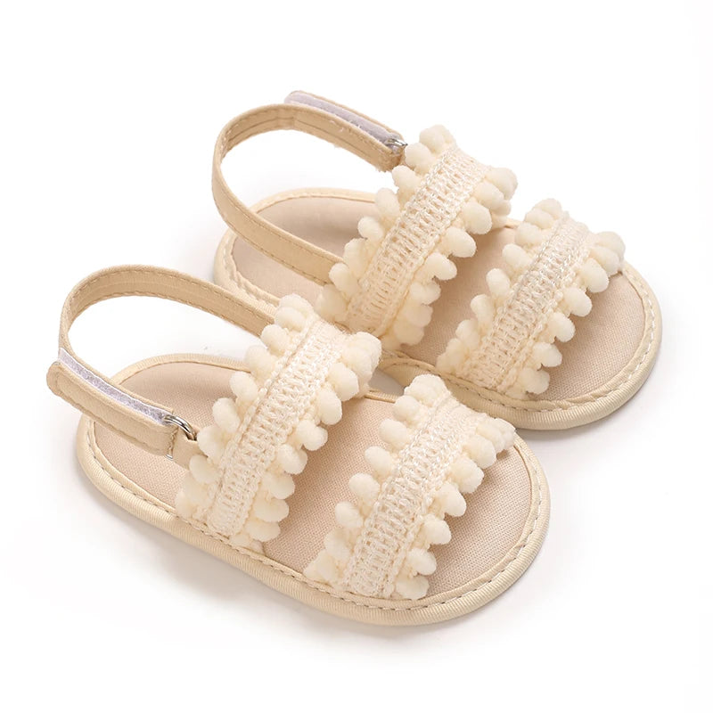 Cream Pom-Pom soft sole baby sandals