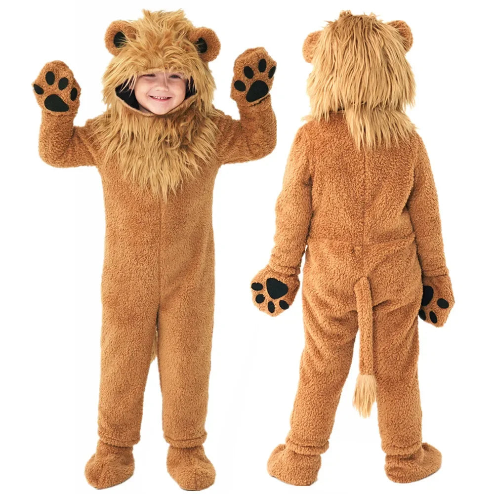 Front and back view of child wearing lion animal jumpsuit costume