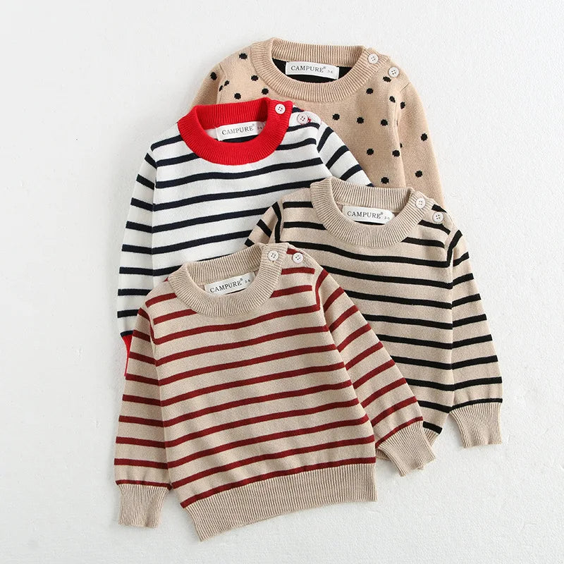 Classic Striped Baby Sweatshirt with Shoulder Buckle in red stripe