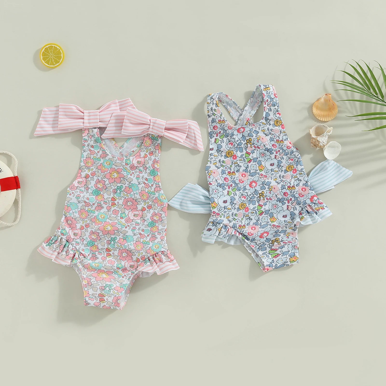 Side view of Floral Bow Backless Swimsuit with floral print and bow detail
