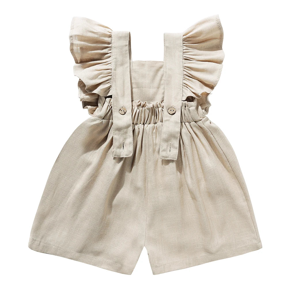 Baby Girls Sleeveless Linen Romper with Ruffles – Summer Jumpsuit