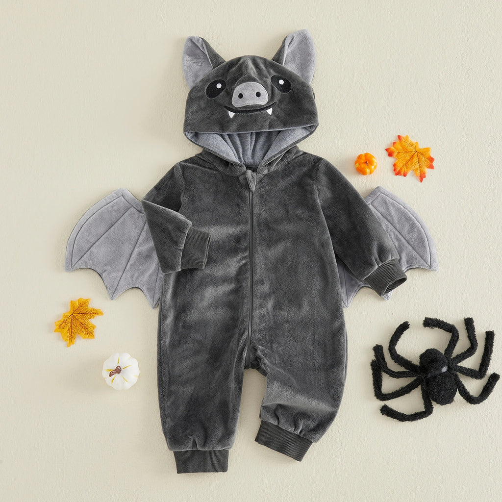 Gray bat hooded romper with wings spread out back view
