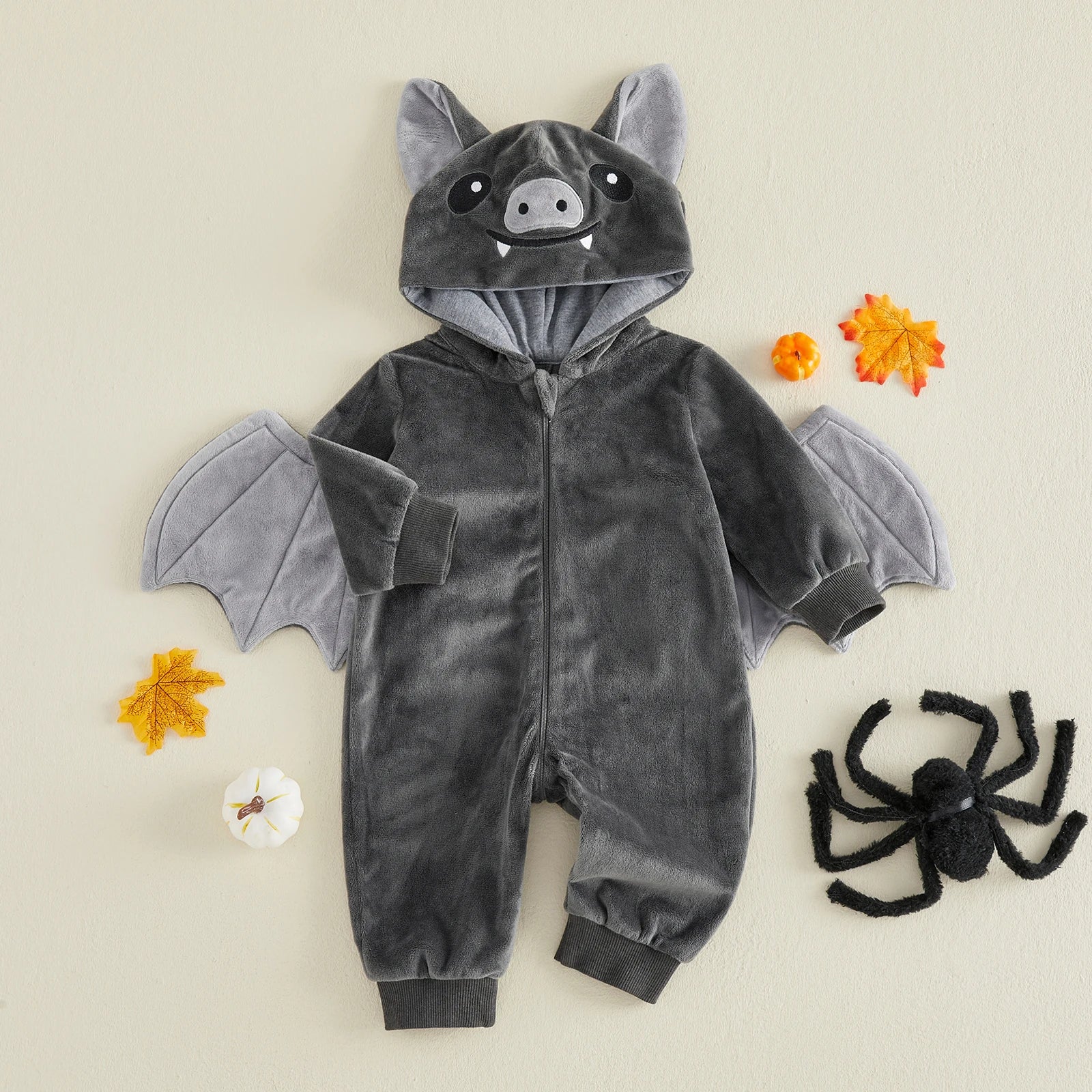 Gray bat hooded romper with wings spread out back view